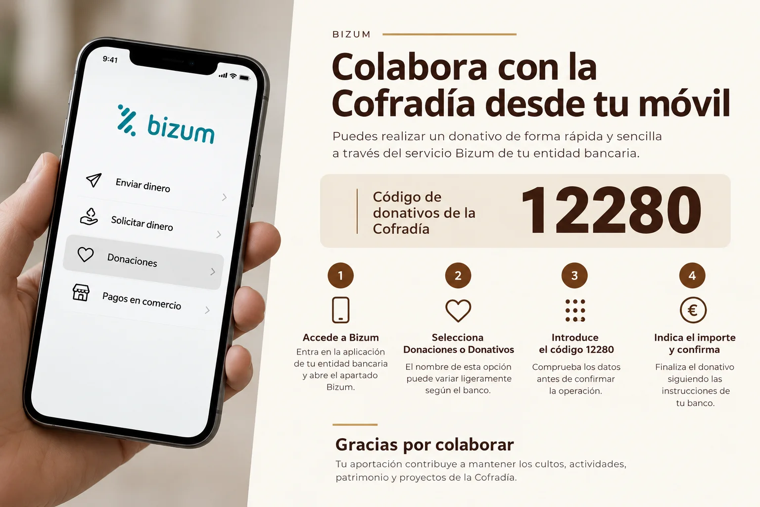 Ya puedes colaborar con la Cofradía a través de Bizum